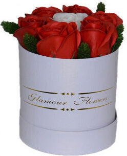 Aranjament Floral Glamour Floare Cutie Rotundă 7 Trandafiri Săpun