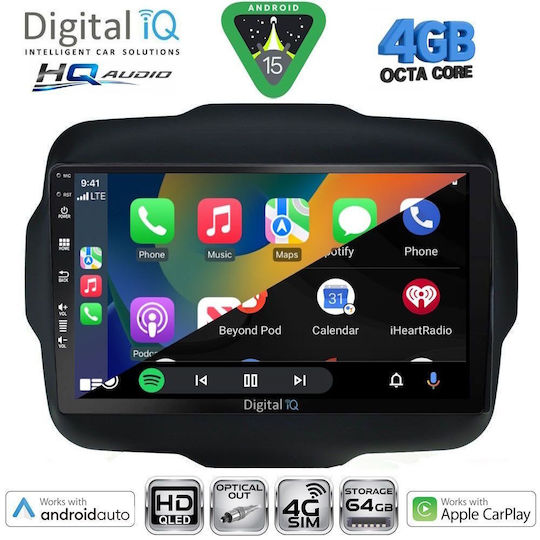 Digital IQ Car Audio System for Jeep Renegade 2014 with Touch Screen 9" Digital IQ BXK 19290 CPAA Bluetooth USB Wi-Fi GPS Apple CarPlay Android Auto