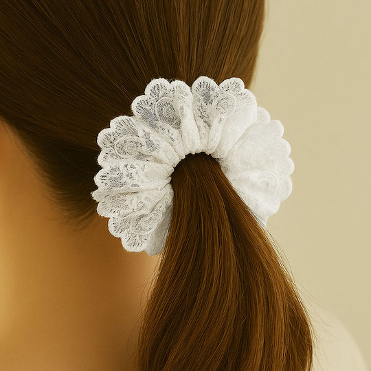 Classic Scrunchie Hair In Lace Embroidered Delicate White