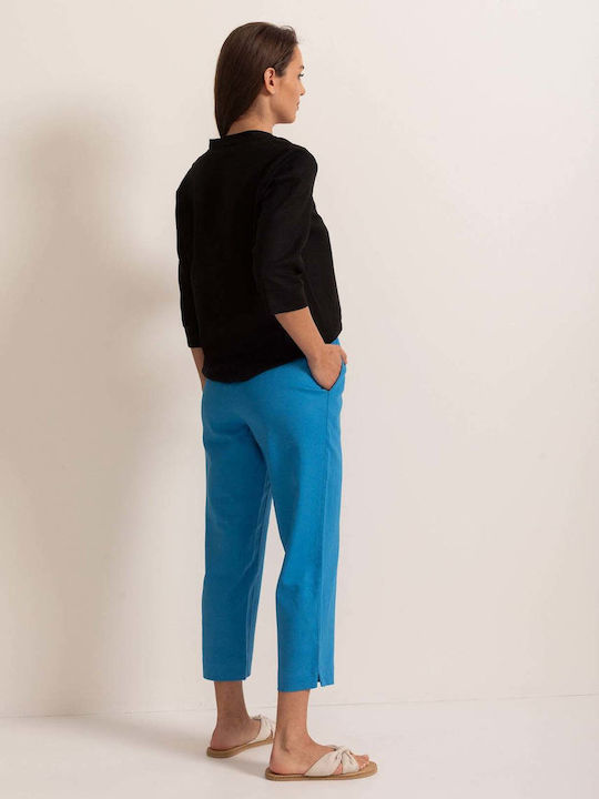 Pantaloni Dama Capri Din In Cu Fit Regular Albastru