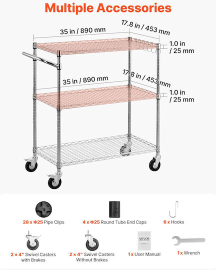 Vevor Vevor Kitchen Trolley Metallic 3 Tiers Silver 89x45x104cm