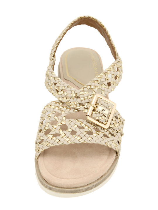 Deri Flache Damen Sandalen Gold