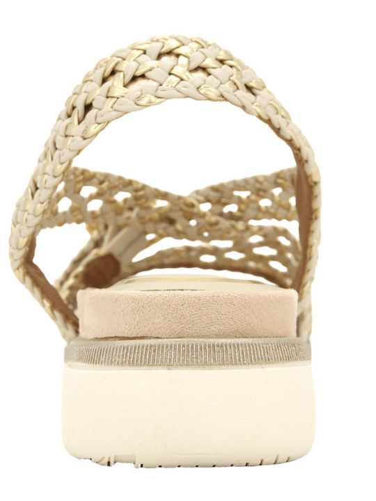 Deri Flache Damen Sandalen Gold