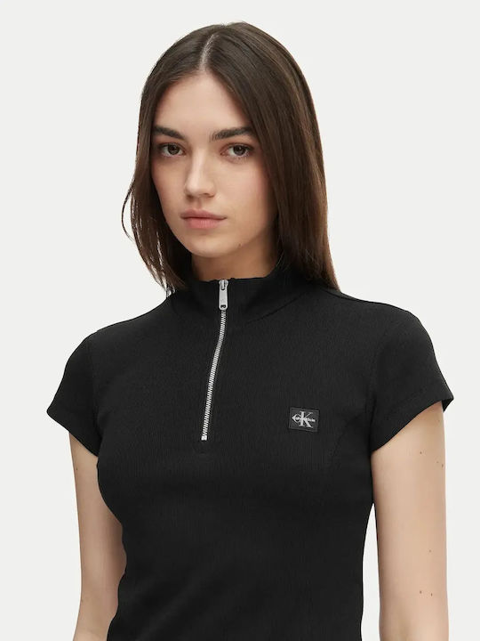 Damen Bluse Baumwolle Kurzärmelig mit Reißverschluss Schwarz