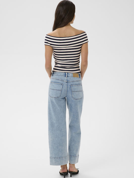 Γυναικεία Μπλούζα Βαμβακερή Off-Shoulder Αμάνικη Ριγέ Μπλέ-άσπρη