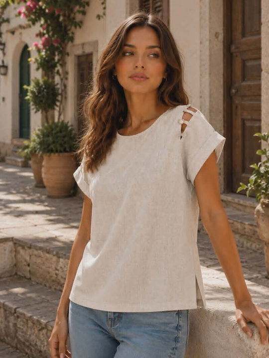 Women's Summer Linen Short Sleeve Blouse Ecru/Beige