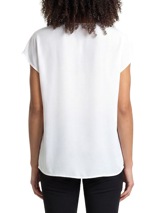 Twenty 29 Bluse für Damen Satin Kurzärmelig mit V-Ausschnitt Weiß