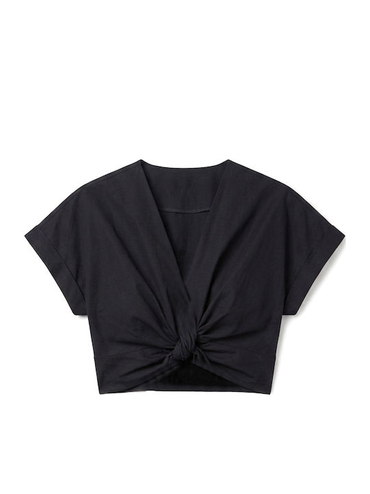 Women Twenty-29 Crop Cotton Sleeveless Top with V-Neckline Black