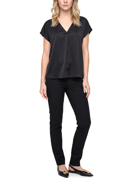 Blouse Women Twenty-29 Γυναικεία Μπλούζα Σατέν Κοντομάνικη με V Λαιμόκοψη Μαυρο
