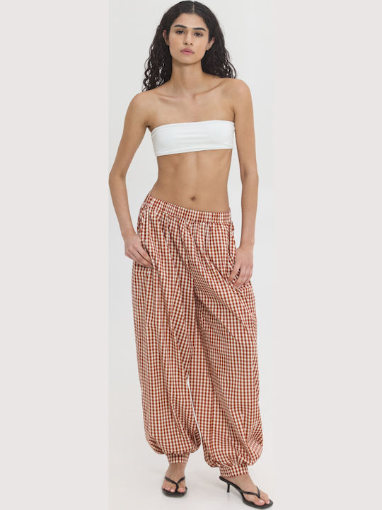 Damen Stoffhose mit Gummiband Geprüft Rotes Karomuster
