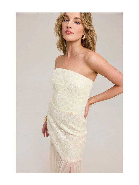 Maxi Βραδινό Φόρεμα Strapless με Τούλι Λευκό
