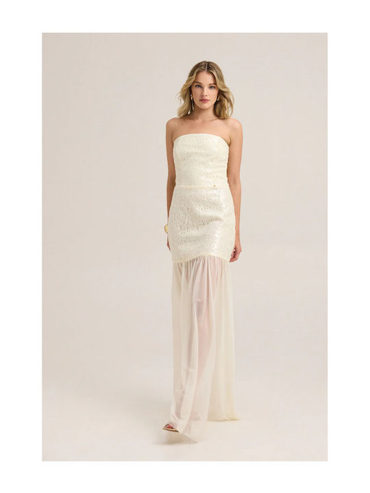 Maxi Βραδινό Φόρεμα Strapless με Τούλι Λευκό