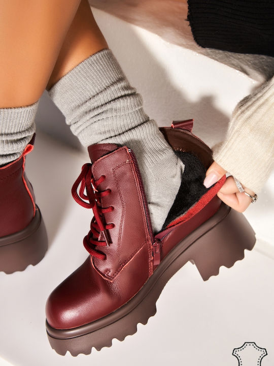 Ghete Dama de Piele cu Toc Mediu Bordeaux