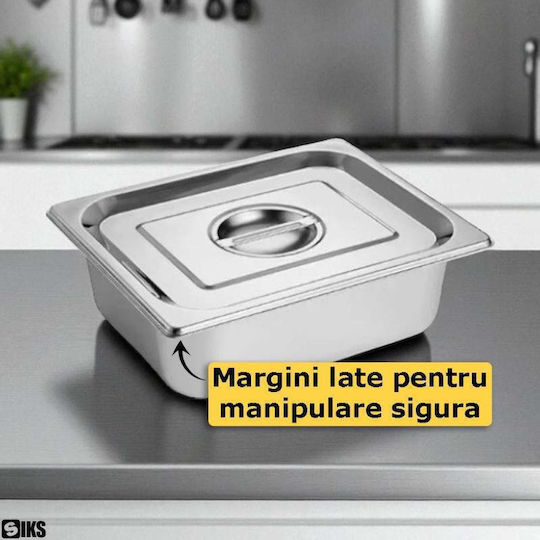 Tavă Gastronorm Din Oțel Inoxidabil Siks Cu Capac Inclus Depozitare Bucătărie Salate Sosuri Alimentar Compatibil Cuptor Frigider Vitrină Stivuibil Capacitate 8,6l Dimensiuni 32,5 Cm X 26,5 Cm X 10 Cm Adâncime Gn Argintiu
