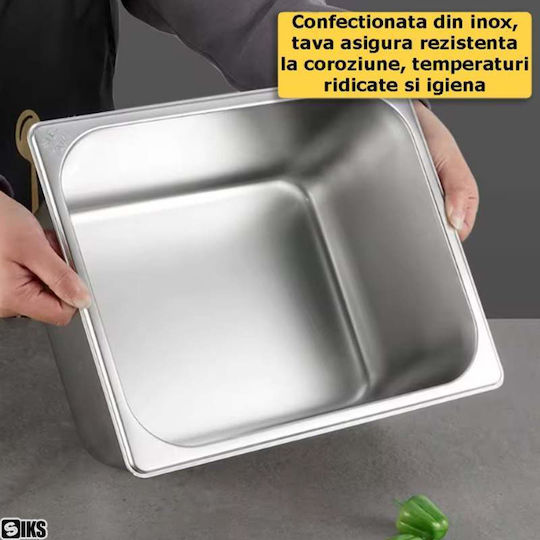 Tavă Gastronorm Din Oțel Inoxidabil Siks Cu Capac Inclus Depozitare Bucătărie Salate Sosuri Alimentar Compatibil Cuptor Frigider Vitrină Stivuibil Capacitate 8,6l Dimensiuni 32,5 Cm X 26,5 Cm X 10 Cm Adâncime Gn Argintiu