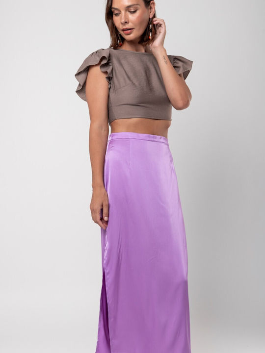 Satin Midi Skirt Black Purple