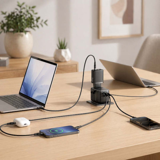 Vention Universal Reiseadapter 3 USB Steckdosen USB-C Kabel Gan Technologie Schwarz