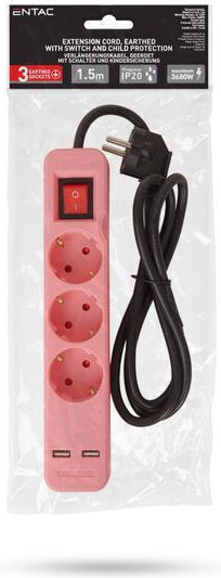 Entac Entac Steckdosenleiste Sicherheit 3 Anschlüsse mit 2 USB-A, Schalter und Kabel 1,5 m Rosa