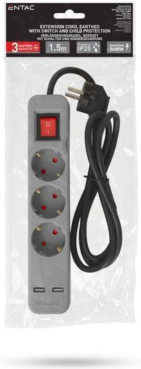 Entac Entac Steckdosenleiste Sicherheit 3 Steckdosen mit USB-A Schalter und Kabel 1,5 m Grau