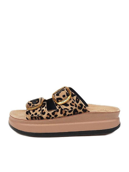 Leder Flache Damen Sandalen Anatomisch Flatforms Leopard Samt