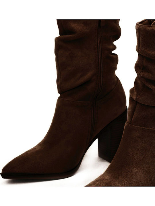 Suede Women's Cowboy Boots with High Heel Brown