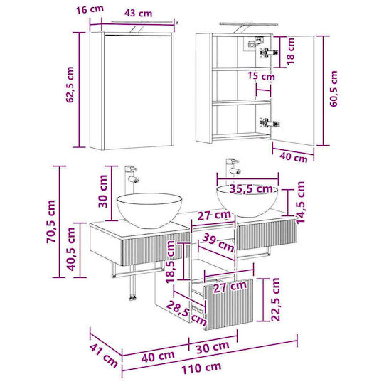 vidaXL Badezimmer Waschtisch-Einheit mit Licht M43xB16xH62.5cm Eiche