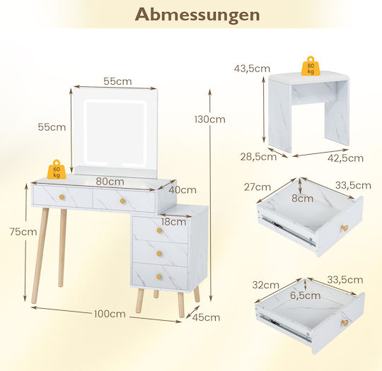 Schminktisch Schlafzimmer Weiß mit Spiegel & Kunstleder Oberflächenbeschichtung 130x45x100cm