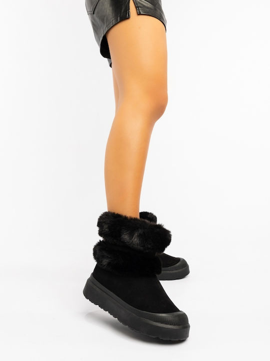Stiefeletten Damen mit Plattform & Pelz Schwarz