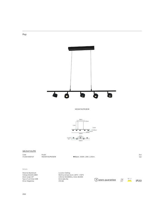 VK Lighting Black LED Pendant Light with Warm White Light