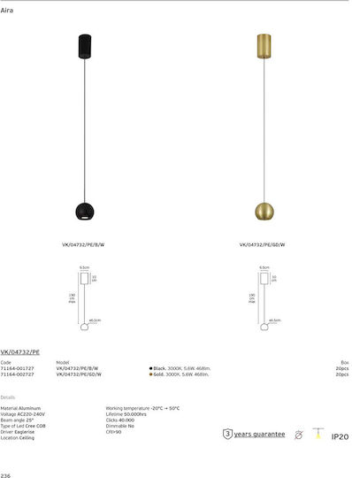 VK Lighting Pe Gd Κρεμαστό Φωτιστικό Χρυσό LED με Θερμό Λευκό Φως