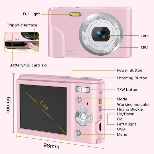 K&F Concept GW41.0063 Kinder Kompaktkamera 48MP Optischer Zoom 16x Rosa