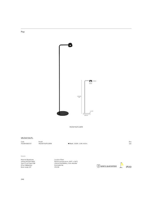 VK Lighting LED Floor Lamp With Warm White Light 443lm Black