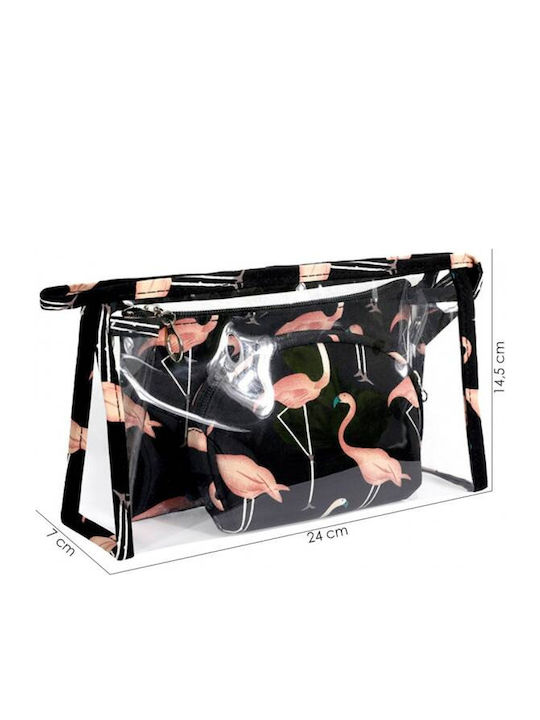 Ecarla Set 3 Cosmetic Bags Black Pink Flamingos Ks65wz2