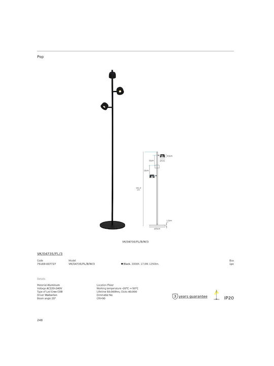 VK Lighting LED Floor Lamp Height 151.2cm with Warm White Light 1250lm Black