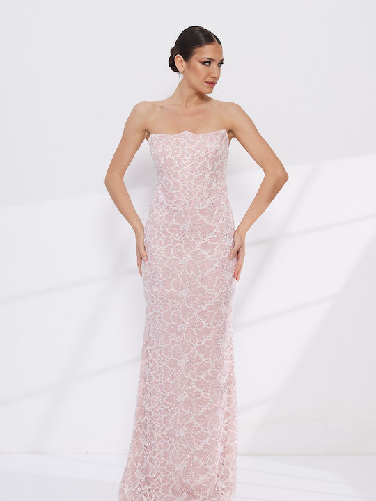 Rochie Maxi Pentru Nuntă / Botez Fără Bretele Roz