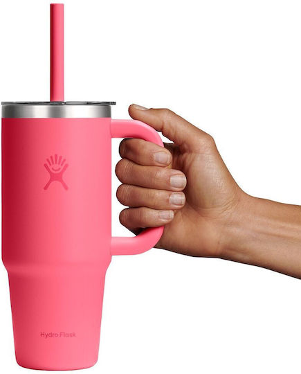 Hydro Flask Handled Tumbler Θερμός Ανοξείδωτο 710ml Popstar Pink με Καλαμάκι και Λαβή