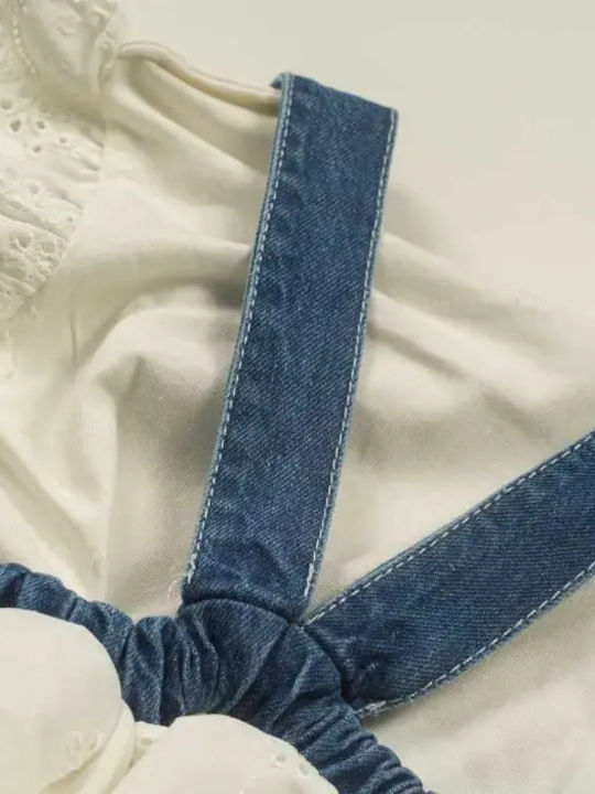 Children's Dress Sleeveless Denim Set with Blouse White
