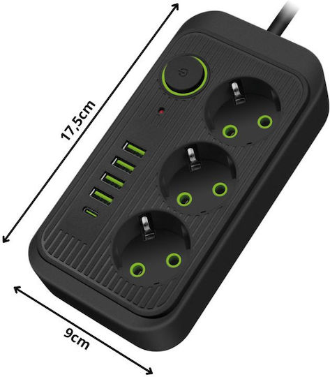 Bandă de Alimentare de Siguranță cu 3 Prize cu USB-A 1 USB-C Comutator și Cablu de 2m