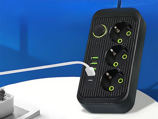 Bandă de Alimentare de Siguranță cu 3 Prize cu USB-A 1 USB-C Comutator și Cablu de 2m
