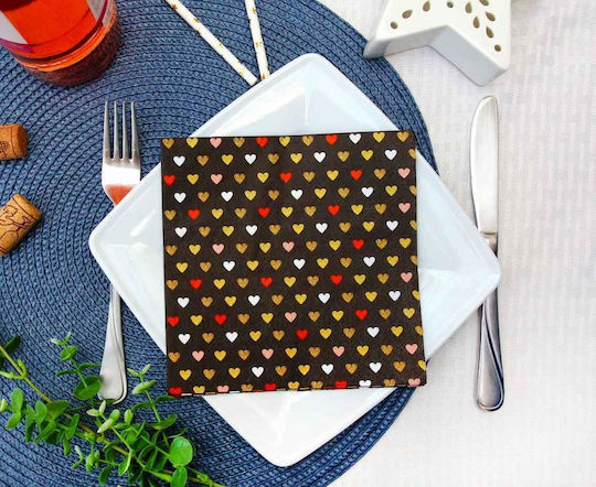 Black Valentine's Heart Napkins 33x33cm 20pcs