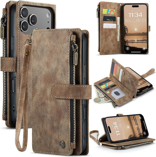 Caseme C30 Iphone 17 Pro Max Card Slots Zipper Wallet Leather Case Brown
