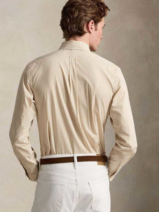 Long Sleeve Cotton Shirt in Regular Fit Striped Beige/White