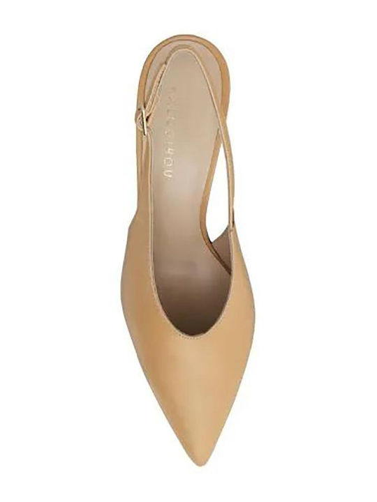 Leder Spitze Zehe Pumps mit Riemen & Hohem Absatz Beige