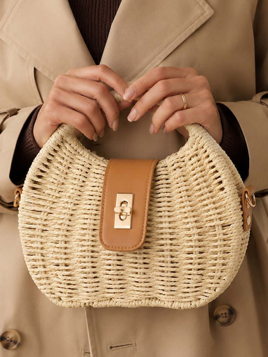 Gallantry Women's Braided Handbag Half-moon Shape Metal Closure Beige