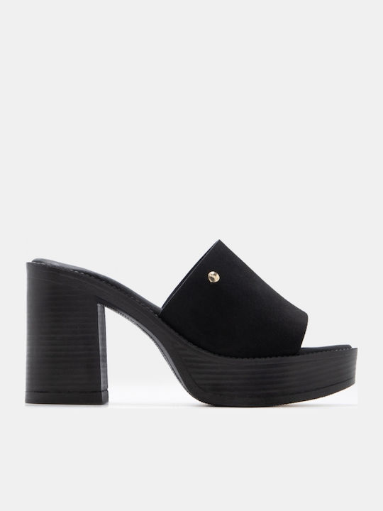 Suede Mules με Ψηλό Τακούνι σε Μαύρο Χρώμα