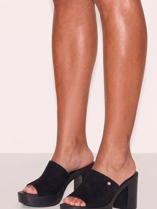 Suede Mules με Ψηλό Τακούνι σε Μαύρο Χρώμα
