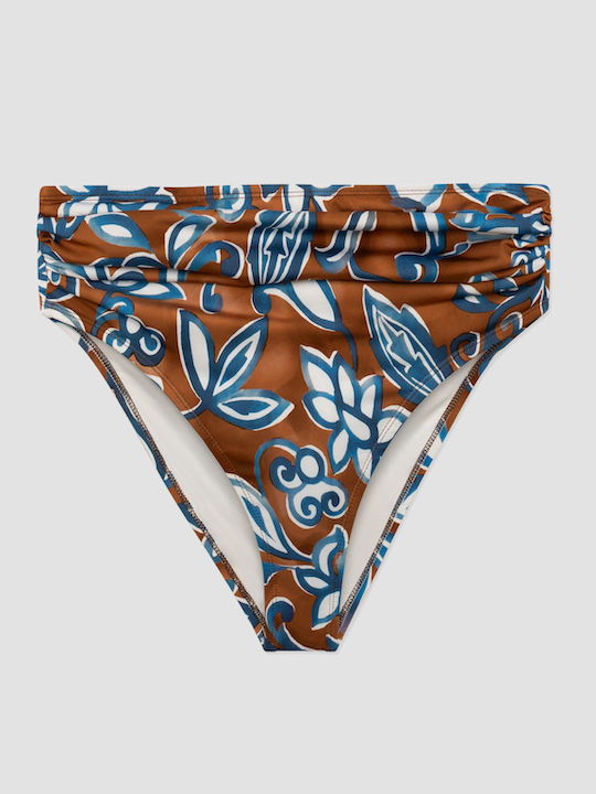 Slip Bikini Inferioare Talie Înaltă Maro-Royal Floral