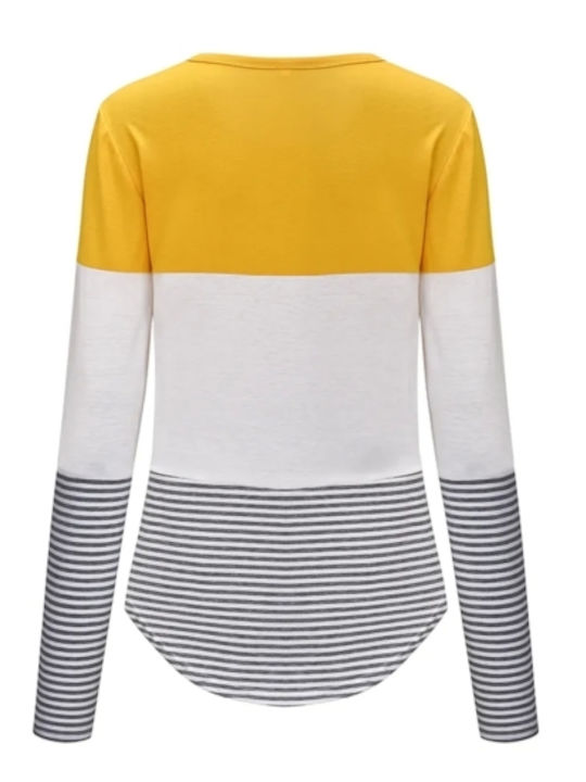 Women's Long Sleeve Nursing Top Gray Yellow Stripes Cotton-Polyester