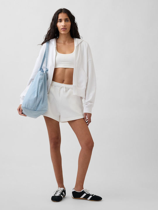 Cropped Γυναικεία Ζακέτα Φούτερ με Κουκούλα Fresh White