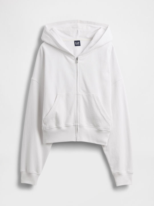Cropped Γυναικεία Ζακέτα Φούτερ με Κουκούλα Fresh White